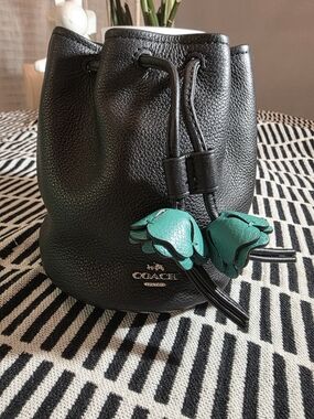 Coach Black Pebbled Leather Bucket Bag with Teal Flower Charms